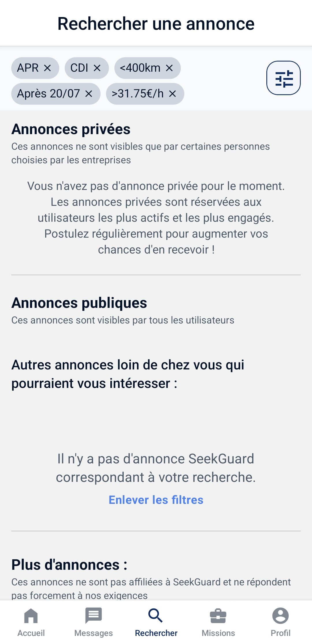 Écran des filtres avec le bouton tout effacer situé en bas, clairement mis en évidence